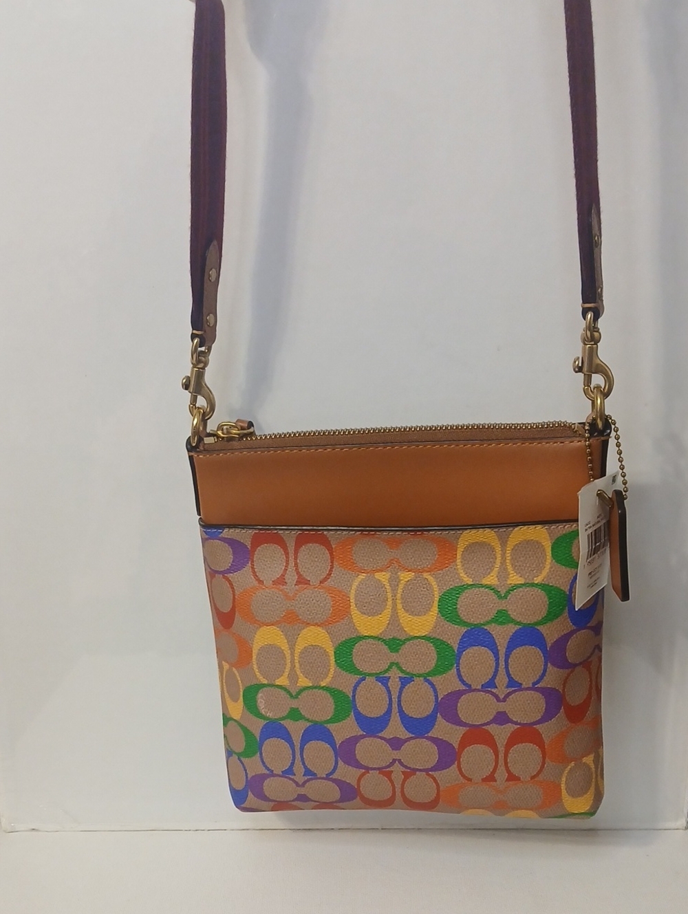 Coach Rainbow Signature Crossbody Bag in Tan Leather Trim